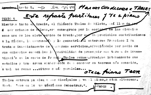 Fragmento del libreto de IMYLOH, donde se indica el momento en que se ejecuta el Teorema de Thales (compuesto por Carlos N&uacute;&ntilde;ez Cort&eacute;s) que se transform&oacute; en una de las canciones m&aacute;s aplaudidas del espect&aacute;culo.